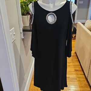 Black Sheath Dress with Cold Shoulder and Silver Embellishment